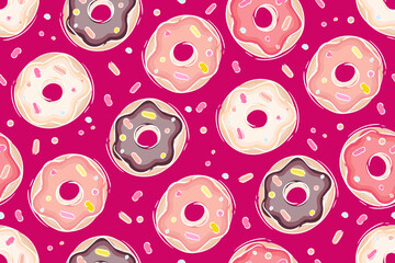 Colorful donuts endless seamless pattern, isolated on pink sweets background. Watercolor illustration.