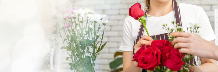 Web banner group of female florists Asians are arranging flowers for customers who come to order them for various ceremonies such as weddings, Valentine's Day or to give to loved ones.