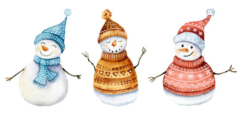Cute snowmen in knitting hats hand drawn watercolor christmas character set.