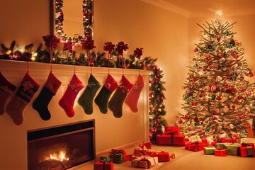 Christmas Tree Ornaments Lights Stocking Mantle Presents Home Holiday Fireplace Hearth Background Image
