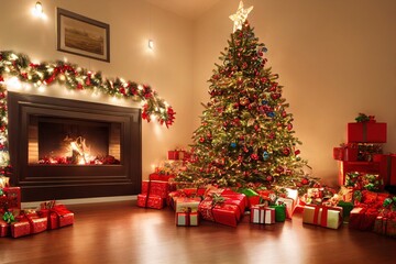 Christmas Tree Ornaments Lights Stocking Mantle Presents Home Holiday Fireplace Hearth Background Image