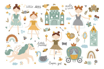 Collection of princesses with golden crown, castle, tower, pegasus, frog and swan in boho style. Hand drawn children's illustration. - obrazy, fototapety, plakaty