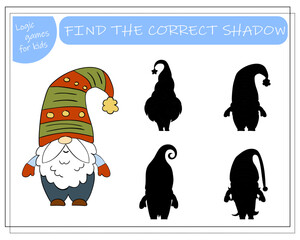 A puzzle game for kids, find the right shadow. Cartoon Christmas Gnome