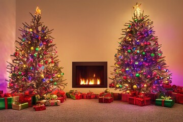 Fototapeta na wymiar Christmas Tree Ornaments Lights Stocking Mantle Presents Home Holiday Fireplace Hearth Background Image