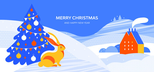 Merry Christmas and happy New year horizontal banner. Winter landscape of countryside with cozy house. Cute hare or bunny near the Christmas tree. Chinese zodiac Rabbit symbol. Vector illustration.