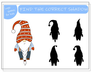 Obraz premium A puzzle game for kids, find the right shadow. Cartoon Christmas Gnome