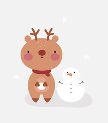 Obraz na płótnie Canvas Cute Deer and snowman. Cartoon style. Vector illustration. For card, posters, banners, books, printing on the pack, printing on clothes, fabric, wallpaper, textile or dishes.