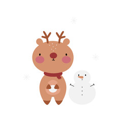 Cute Deer and snowman. Cartoon style. Vector illustration. For card, posters, banners, books, printing on the pack, printing on clothes, fabric, wallpaper, textile or dishes.