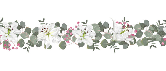 Seamless vector pattern. Floral border. Green eucalyptus, White Lilies, pink gypsophila.  - obrazy, fototapety, plakaty