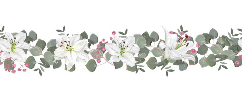 Seamless vector pattern. Floral border. Green eucalyptus, White Lilies, pink gypsophila. 
