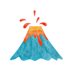 Watercolor volcano on white background. Baby illustration children.