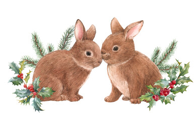 Beautiful png isolated clip art image with watercolor hand drawn cute rabbit illustration.