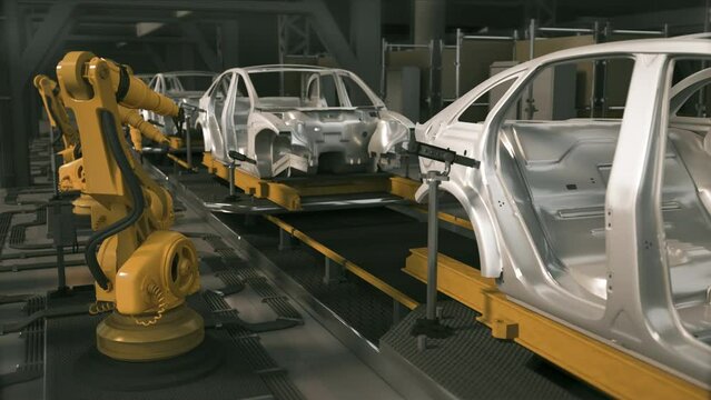 Car Body Welding Conveyor. View of the assembly shop, industrial robots collect equipment.