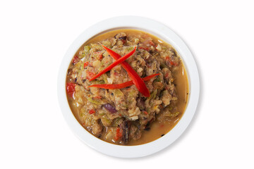 Mackerel chili paste on white background, top view