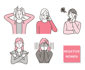 Set of young women with negative facial expressions (distressed, crying, thinking, depressed) [Vector illustration].