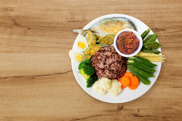 Red Chili Paste Vegetable Set. Thai traditional food on wood background