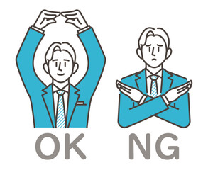 Young male businessman gesturing OK and NG, success and failure [Vector illustration].