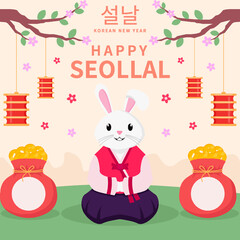 flat happy seollal design illustration with rabbit use hanbok clothes