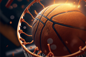 Scoring during a basketball game ball in hoop - obrazy, fototapety, plakaty