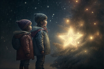 Obraz premium Kids standing near to a Christmas tree, looking up at the Christmas star