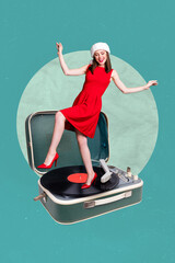 Vertical collage picture of cool positive mini girl have fun dancing big vintage vinyl record...