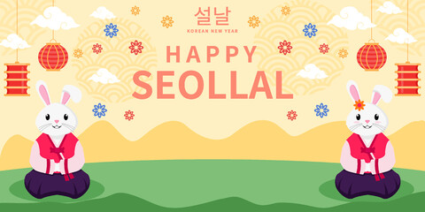 seollal Korean new year horizontal banner design with two rabbits using hanbok clothes