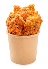 Fried chicken isolated on white bucket With clipping path, Fried chicken on paper box for delivery.