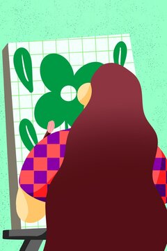 Young woman with long wavy hair on her back while drawing a flower with green leaves
