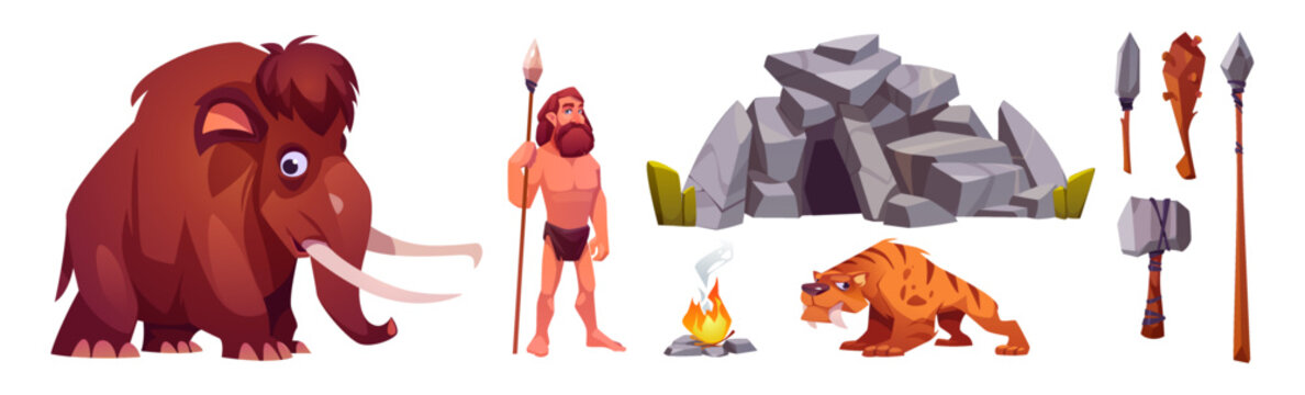 Cave man, prehistoric primitive person in stone age cartoon icons set. Bearded caveman wear pelt holding spear weapon and ancient animals mammoth and saber-toothed tiger isolated vector illustration