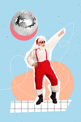 Vertical collage image of excited overjoyed santa point finger dancing clubbing disco ball isolated...