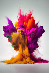 A colourful powder explosion of holi paint on a white background.
