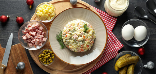 Concept of New year food, Olivier salad, top view