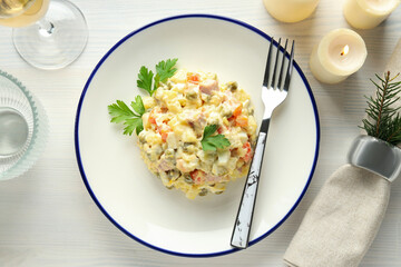 Concept of New year food, Olivier salad, top view
