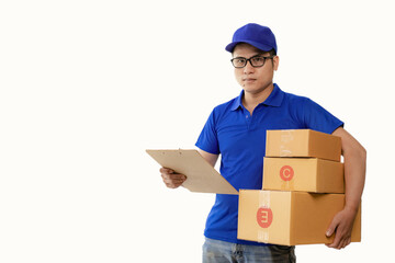 Delivery concept - portrait of asian delivery man in blue clothes holding boxes Isolated on studio background
Young Asian courier holding mailbox isolated on white background