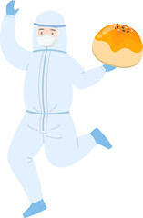 Paramedic or doctor or scientist with protective clothing and moon cakes, celebrating Asian Mid Autumn Festival