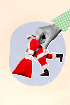 Exclusive magazine picture sketch collage image of arm catching xmas grandfather holding sack isolated painting background