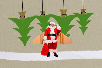 Creative abstract template graphics collage image of funky santa delivering x-mas presents isolated drawing background