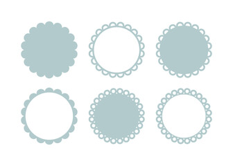 Circle scalloped frame. Scalloped edge round shape. Simple label and sticker form. Flower silhouette lace frame. Repeat cute vintage frill ornament. Vector illustration isolated on white background.