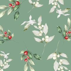 Seamless Christmas pattern trees with branches and berries in a watercolor style