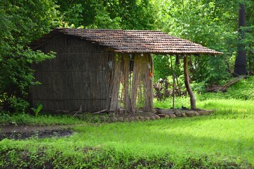  wooden hut appears in the green grass. 