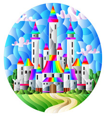 Illustration in stained glass style landscape with old castle on the background of cloudy sky and meadows, oval image