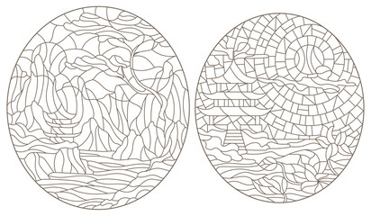Set of contour illustrations in stained glass style with mountain Eastern landscapes with temples on the lake shore, dark outlines on a white background