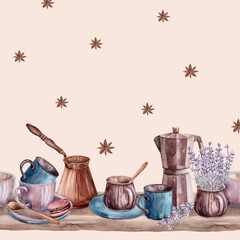 Coffee. Peach Watercolor. Pattern. Illustration for clipart. Designed for menus, culinary blogs, packaging, textiles, web design, sites, stickers, invitations, patterns, logos. Drawn by hand.