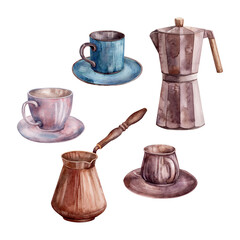 Cup, saucer, cezve. Watercolor. Set. Illustration for clipart. Designed for menus, culinary blogs, packaging, textiles, web design, sites, stickers, invitations, patterns, logos. Drawn by hand.