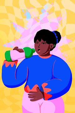 Woman with tied hair drinks water while clutching her belly in pain