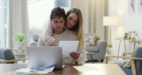 Couple, laptop and finance documents in planning, investment budget or life insurance savings in house or home living room. Man, woman and bonding hug with technology, fintech app or financial paper