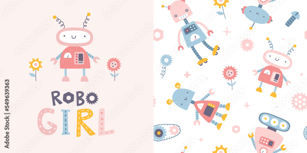 Canvas Prints cute girly pattern with pink robots. seamless vector print set for baby girl textile and fabric.