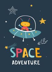 Fototapeta premium Space print with cute robot flying in the ufo. Cartoon baby cosmic poster with lettering - Space adventure. Wall art for nursery.