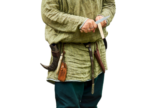 Medieval tools for the construction of sailboats and ship building, isolated on a white background. Reconstruction of the events of the Middle Ages in Europe.