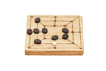 Mill game, popular in ancient Roman, isolated on a white background. Reconstruction of board games...